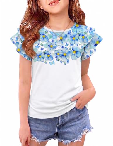 Image of Girls T Shirts Ruffle Short Sleeve Round Neck Loose Blouse Summer Solid Color Casual Girl Tee Tops for 3-12 Years