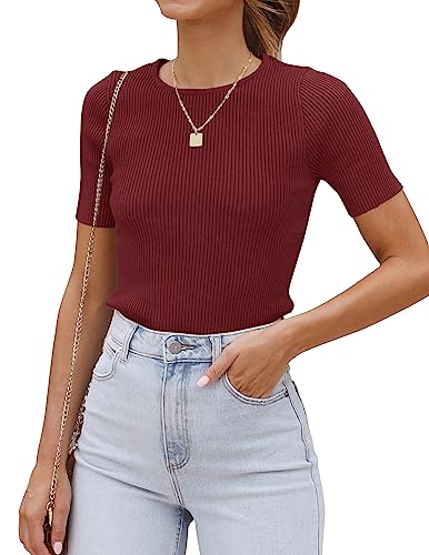 Image of ZESICA Women's Short Sleeve Sweater Tops 2026 Summer Crewneck Basic T Shirt | Business Casual Outfits, Solid Color Ribbed Knit Tee, Slim Fitted, Soft Skin Friendly, Going Out Top, Cute Dressy Blouse