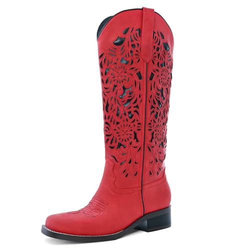 GPXGPX Womens Cowboy Boots Cut Out Floral Embroidered Red Cowgirl Boots Low Block Heel Pull On Square Toe Western Boots 9