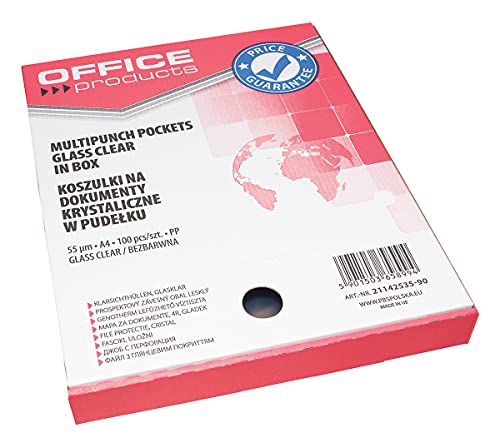 OFFICE PRODUCTS Prospekthüllen / 100 Stück im Karton/Din A4/ Glasklar Oben Offen Klarsichthüllen Sicht-Hüllen Gelochte Plastikhülle für Dokumente Papiere Akten Ordner/PP/Transparent 55 Mikron