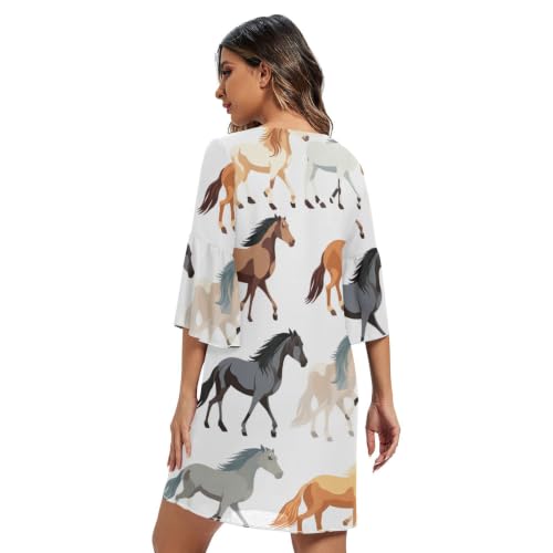 Robe mousseline de soie imprimé cheval col V décontractée été - 2