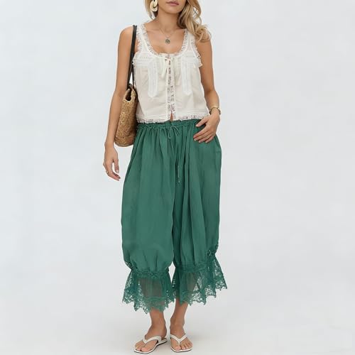 Image of KOSUSANILL Women Long Bloomer Pants Lace Trim Ruffle Pantaloons Cropped Lounge Pajama Bottoms Y2K Capri Pettipants