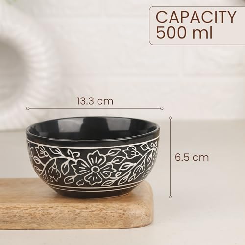 Image of The Earth Store Black Artvine Snack Bowl with Coasters /Lid Set for Kitchen | Dishwasher & Microwave Safe Serving Bowl for Snacks, Rice, Dal, Fruits, Salad | 500ML Set of 4