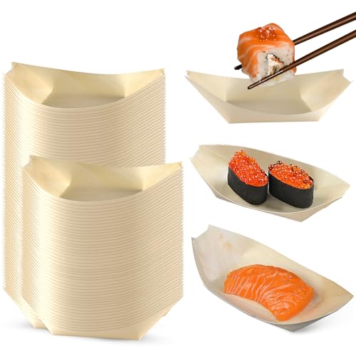 Ronyes 100 PCS Disposable Bamboo Boat Plates 17 x 8.5cm, Eco-Friendly Wooden Serving Boats for Sushi, Appetisers, Charcuterie, Wood Plates for Party, Wedding, Picnic
