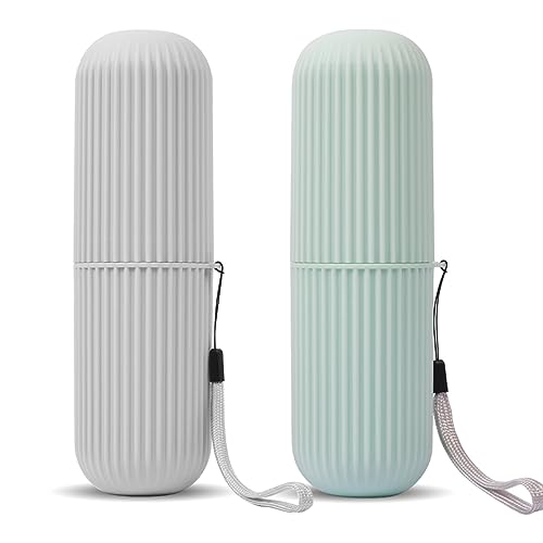 UCEC Toothbrush Cup, Portable Travel Toothbrush Holder Case, Toothbrush Case Set for Camping, Traveling, Home, School, Business, Bathroom, 2 Pack (Green, Grey)