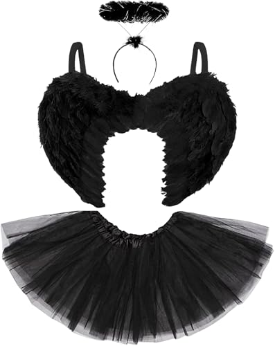 Disfraz de Ángel Caído Negro- Disfraz con Alas de Ángel Negro, Diadema con Halo y Tutú - Disfraz de Demonio para Mujer - Disfraz de Halloween, Carnaval y Fiestas de Disfraces (Negro)