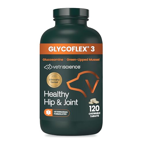 VetriScience Extra Strength Healthy Hip & Joint Chewable Tablets, GlycoFlex Glucosamine and Green-Lipped Mussel Joint Support Supplement for Dogs, Soothe Joint Discomfort, Chicken, 120 Count