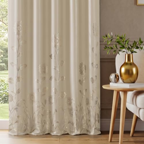 Image of Urban Space 100% True Blackout Curtains for Window, Gold Foil Printed Blackout Curtains, Blackout Decorative Window Curtain Eyelet with Tieback, 1 Piece Curtain for Living Room (Reva Beige, 5 Feet)