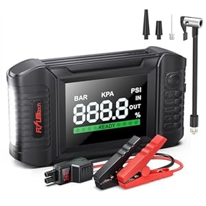 FLYLINKTECH Arrancador de Baterias de Coche con Compresor de Aire, 5000A Arrancador de Coches (Todo gas/10.0L Diesel) Arrancador Coche Portatil con Inflador de 150 PSI, Gran Pantalla, Carga Rápida