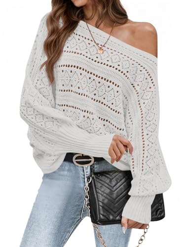 Saodimallsu Womens Off The Shoulder Sweaters Fall 2025 Oversized Knit Batwing Long Sleeve Crochet Pullover Sweater Tops White
