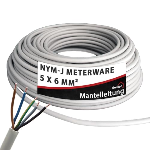 siwitec NYM-J 5 x 6 mm2, Mantelleitung, Installationskabel, Feuchtraumkabel in grau, exakt zugeschnittene Meterware in Profi-Qualität, Länge (aktuelle Auswahl) = 2 m