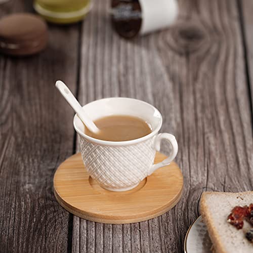TRSPCWR Espresso Cup with Saucers Set 6, Porcelain Turkish Cup Ceramic Tea Cups, Wave Point Cup Finish, White 2.7oz