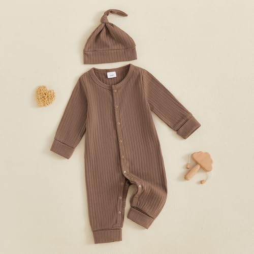 Winioder Newborn Baby Girl Boy Clothes Ruffle Ribbed Long Sleeve Button Romper Jumpsuit with Headband Hat Coming Home Outfit3