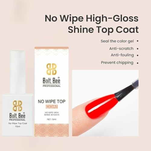 Image of Bolt Bee No Wipe Gel Top Coat, Clear Nail Polish, Shine Finish, Soak Off UV Lamp, 15ml