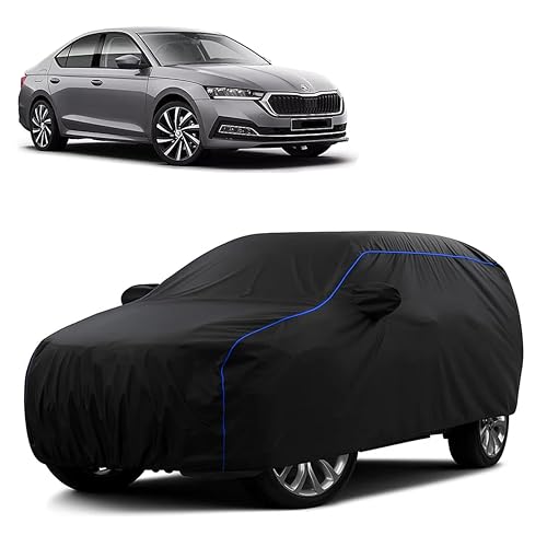 Image of Sulfar 100% Water Resistant Car Body Cover Compatible with Mirror for Skoda Octavia (Triple Stitched, Full Bottom Elastic, Black Tafetta with Blue Piping)