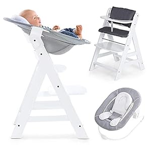 Hauck Alpha Plus Newborn Set – Trona de bebe evolutiva con cojín y arnés – Hamaca reclinable – Silla de madera convertible (Blanca)