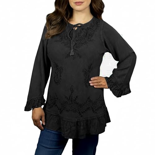 Agan Traders Women's Boho Embroidered Kurta Top – Vintage Rayon Boho Top for Women with 3/4 Sleeves, Ruffle Hem & Tie Neck (147 B, M, BK) Black