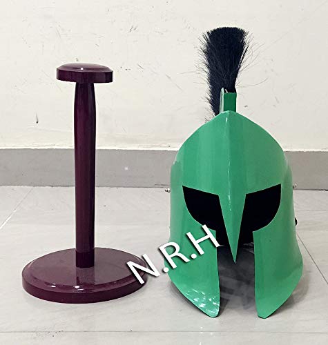 Medieval Spartan Helmet King Leonidas 300 Movie Helmet Replica - Role Play Green Halloween Helmet with Wooden Stand