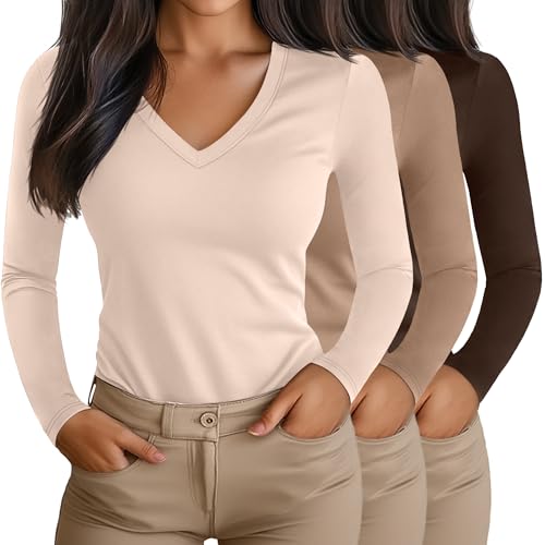 Ficerd 3 Pack Women's Long Sleeve Shirts, Cotton V Neck Basic Tees Slim Fit Casual Fall Tops Going Out Blouses T Shirts
