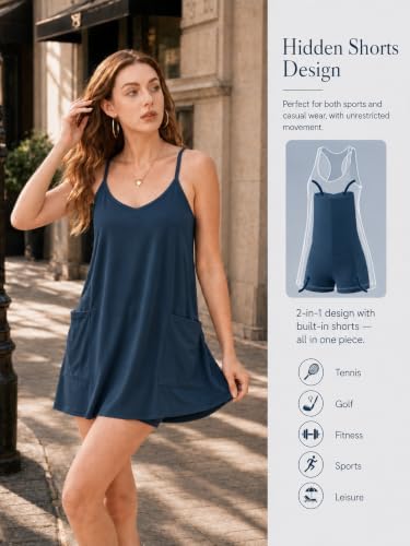 Romper Dress with Built in Shorts, Thickened Anti-Exposure, Lounge Dresses for Women, Sleeveless Spaghetti Strap Tennis Dress with Pockets Athletic - 2