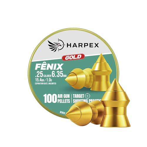 Harpex Fenix Gold .25 Cal Airgun Pellets 15.4 Grain Pointed Head Premium Coated Lead Pellets High Accuracy for Target Shooting Training & Consistent Performance (25Cal 100ct)