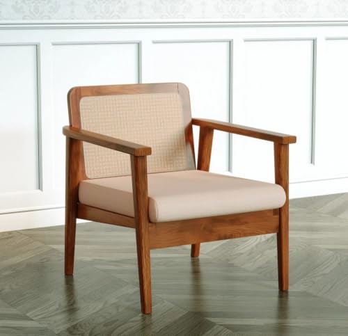 Image of LSGF Mangz Wooden Lounge Chair with Rattan Cane Back | Solid Wood Accent Chair with Cushion | Mid Century Modern Armchair for Living Room, Bedroom & Office (Natural Teak)