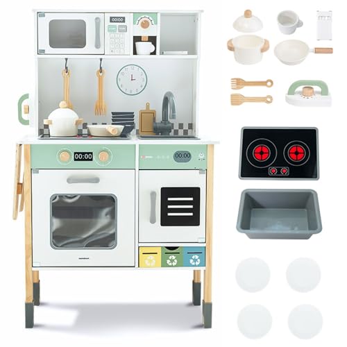 Mamabrum Cocina de madera para niños 3+, juego de cocina interactivo con lavadora, lavavajillas y pizarra para niña niño a partir de 3 años, juguete de cocina con electrodomésticos, juguetes de cocina