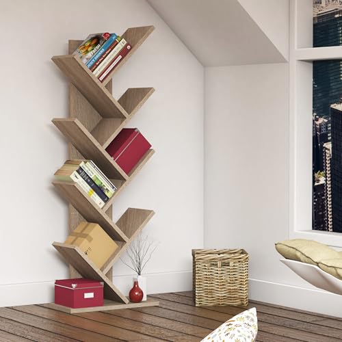 Bimossa Wooden Tree Bookcase – Compact Standing Bookshelf with Multiple Corner Shelves, Tree-Inspired Kids Bookshelf and Book Stand for Living Room, Hallway or Kids’ Room (Oak, Hitit)