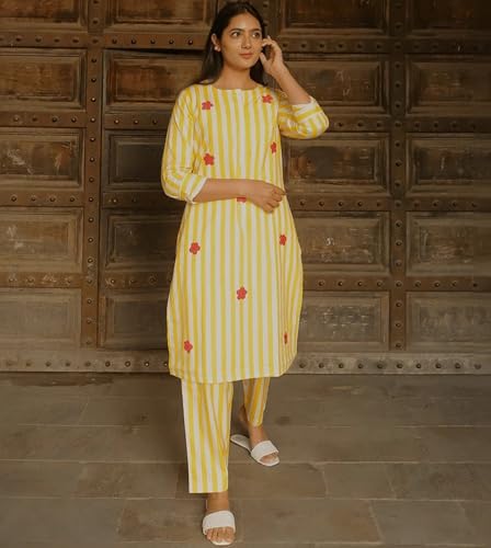 Ensemble kurta en viscose imprimé floral jaune ensemble deux pièces fluide - 2