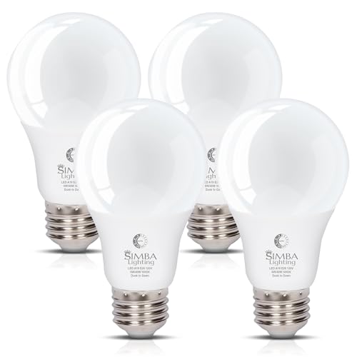 Simba Lighting LED Outdoor Light Bulbs with Photocell Sensor Dusk to Dawn Smart Auto On and Off (4 Pack) A19 6W 40W Replacement for Porch, Night Light, Garage Door, E26 Medium Base, 5000K Daylight