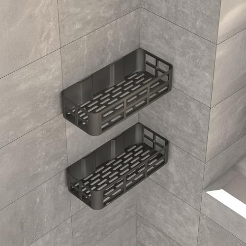 Deconox 2'li Set Siyah Yapışkanlı Banyo Duş Rafı - 27x12 cm Matkapsız Montaj Şampuanlık ve Mutfak Baharatlık Organizeri