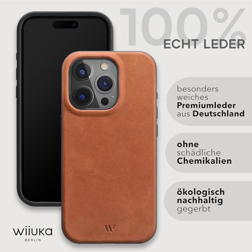 WIIUKA Etui do iPhone 15 Pro Max, skórzane etui z Niemiec, bardzo cienkie, etui premium na telefon komórkowy, Case, Qi, skiin More 360° Vintage Cognac Brown