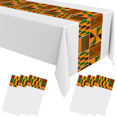 Oudain 6 Pcs 54" x 108" Kente Plastic Tablecloths Black History Month Table Covers Juneteenth Tablecloths Disposable African American Table Decorations for Kwanzaa Home Decor(White,Fresh)