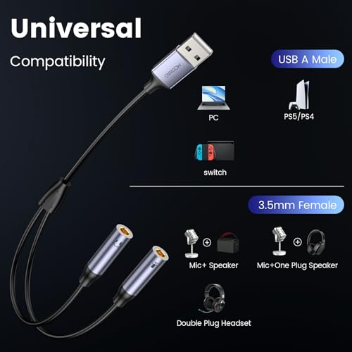 MOSWAG Tarjeta de Sonido USB Externa Soporta Auriculares y Micrófono, Adaptador USB a Jack de 3,5 mm para Auriculares Compatible con Windows, Laptops, Desktops Windows, Mac, Linux, PC, PS4 - imagen 2