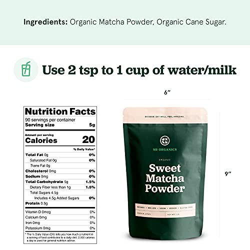 Sun Bay Organics Sweet Matcha Powder - 1 Lb Bag Of Organic Non-Gmo Vegan Kosher Ceremonial Grade Sweetened Matcha Green Tea Powder From Uji, Japan - Free Of Gluten, Dairy, And Soy #TOP4
