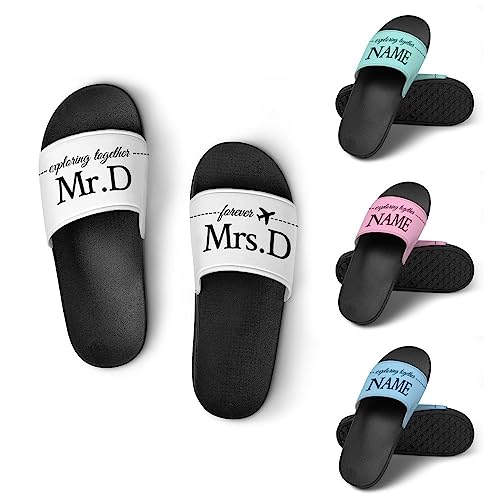 Custom Mr Mrs Slippers Personalized Couples Sandals, Customized Slip-On Wedding Slides with Name Design, Comfortable PVC Flip Flop for Indoor Outdoor, Non Slip Beach Shoes for Women Men