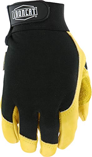 Ironcat 86350 Grain Cowhide Leather Gloves Large, Black Spandex With Gold Leather, Hook And Loop Elastic Wrist #TOP5