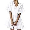 FANCYINN Womens White Cute Shift Dress Short Bell Sleeve Ruffle Hem V Neck Loose Swing Tunic Mini Dress with Pockets M