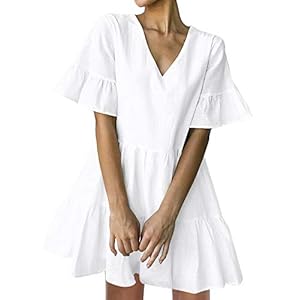 FANCYINN Womens White Cute Shift Dress Short Bell Sleeve Ruffle Hem V Neck Loose Swing Tunic Mini Dress with Pockets M