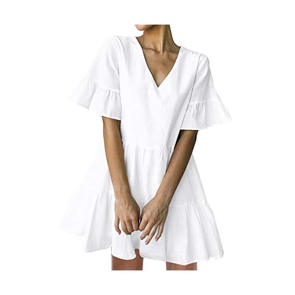 FANCYINN Womens White Cute Shift Dress Short Bell Sleeve Ruffle Hem V Neck Loose Swing Tunic Mini Dress with Pockets M