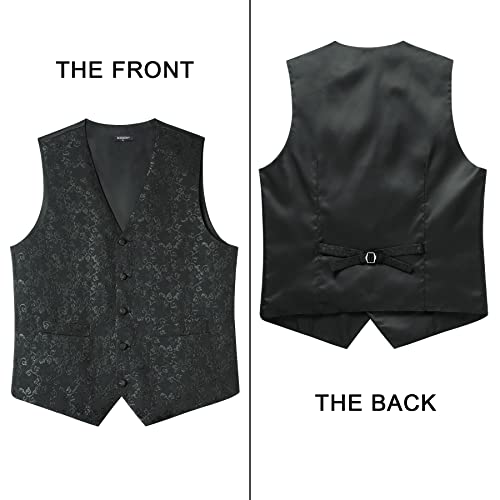 Image of HISDERN Vest and Tie Sets for Men Vests Paisley Floral Jacquard Necktie Pocket Square 3PCS Waistcoat for Suit or Tuxedo