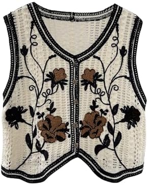 GORGLITTER Women's Embroidered Floral Crochet Vest Button Crop Su...