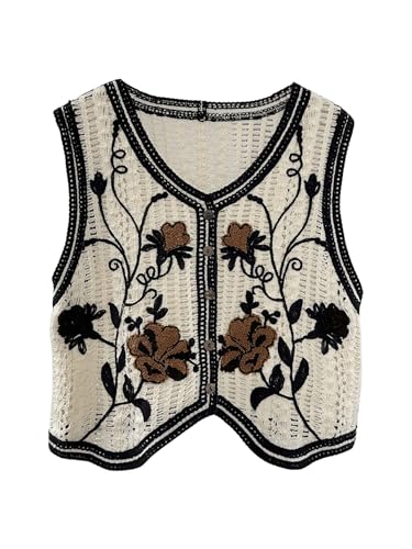 GORGLITTER Women's Embroidered Floral Crochet Vest Button Up Crop Summer Cowgirl Tops Country Concert Outfits 2025
