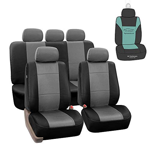 FH Group Car Seat Covers Premium PU Leather Full Set Gray Black Combo Small Car Seat Cover Design, Airbag Compatible Split Bench Tan Interior Accessories Universal Fit Car Truck SUV Car Accessories