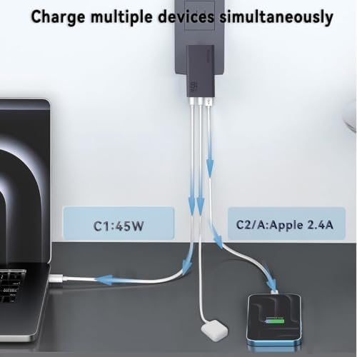 65W Flat USB C Wall Charger Block,3-Ports Slim USB C Charger,Grey
