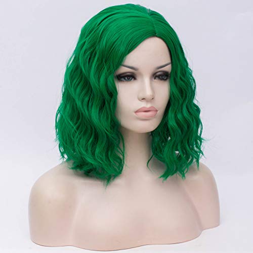 Image of BERON Green Wigs for Womens Short Curly Wavy Hair Wig Girls Dark GreenSide Part Wigs Heat Resistant Synthetic Party Cosplay or Daily Wig