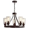 Farmhouse Chandelier Lighting Round 5 Lights Oil Rubbed Bronze with Glass Shade Ceiling Hanging Vintage Rustic Light Fixture for Dining Room Living Room Foyer Porch Kitchen Island
