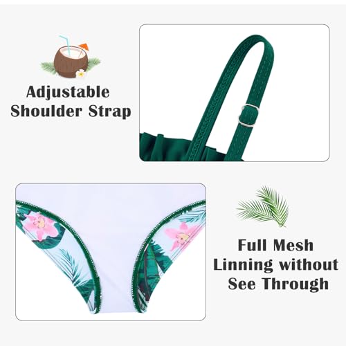 Hawaiian Bikini Green Swimwear for Girls 8 Year Old Pink Flower Swimsuits Size 9 Kids Quick Dry High Waist Bathing Suits with Mesh Pants Little Girl's 3 Pieces Rash Guard Sunsuits Vacation Party