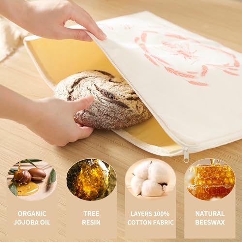 Premium Beeswax Bread Bags for Sourdough with Wide Zipper Access, 2 Pack XL(13x17in) Reusable Organic Beeswax-Coated Linen Cotton Bread Bags for Homemade Bread, Keeps Bread Fresh Naturally — view 4
