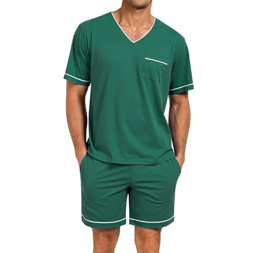 Marvmys Men Pajamas Set Summer Pajamas Short Sleeve Pajama Set Lightweight Pj Set Sleepwear Outfits with Pockets S-2XL Small Green
